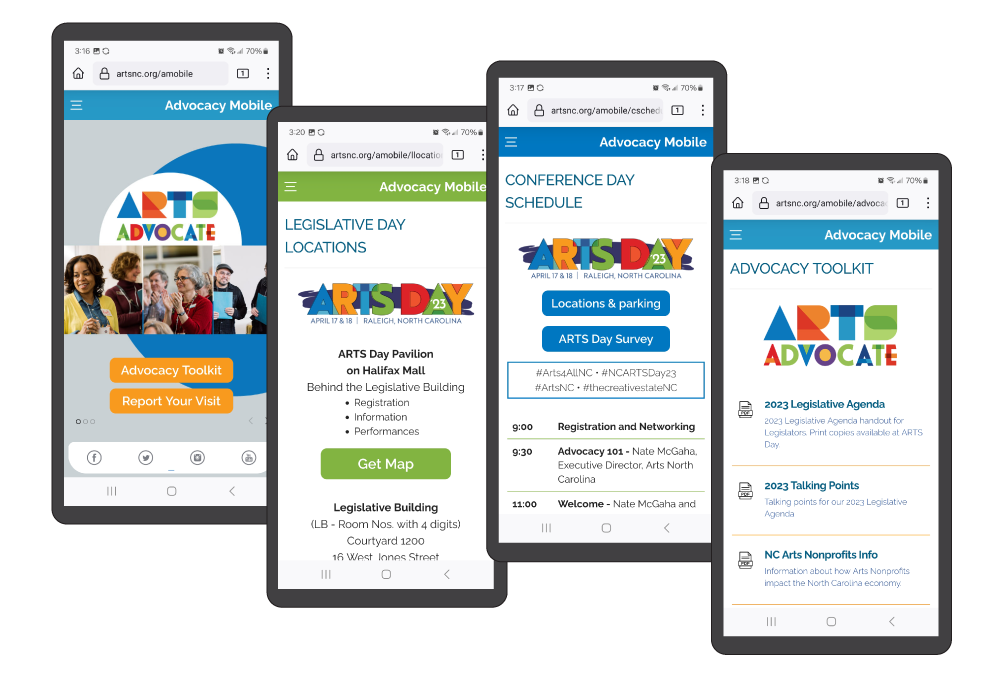 graphic displaying
      four screens from the Advocacy Mobile site on phones