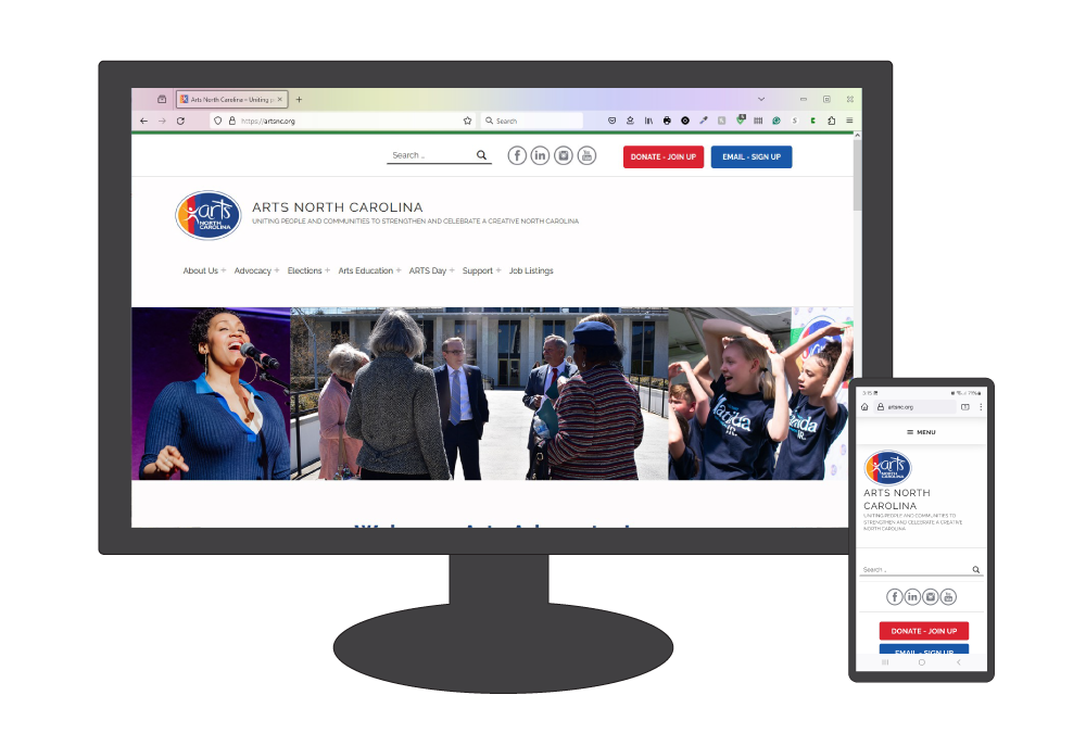 graphic displaying
      Arts North Carolina site on a computer monitor and phone
