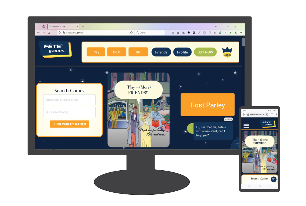 graphic displaying
      Fête Games site on a computer monitor and phone